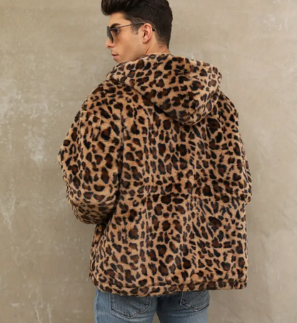 Men's Leopard Print Jacket Loose Fit Baseball Coat Full-Zip Hooded Collar Non-Stretch Fabric Streetwear
