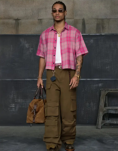 Men's Casual Short Sleeve Striped Print Shirt Loose Fit Button-Up Plaid and Solid Color Splice Design Khaki Crimson Pink