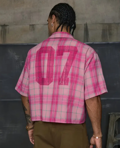 Men's Casual Short Sleeve Striped Print Shirt Loose Fit Button-Up Plaid and Solid Color Splice Design Khaki Crimson Pink