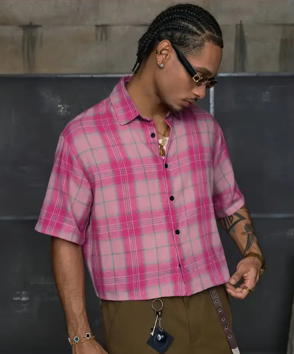Men's Casual Short Sleeve Striped Print Shirt Loose Fit Button-Up Plaid and Solid Color Splice Design Khaki Crimson Pink