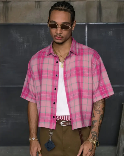 Men's Casual Short Sleeve Striped Print Shirt Loose Fit Button-Up Plaid and Solid Color Splice Design Khaki Crimson Pink