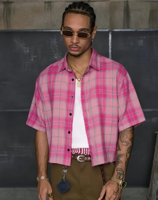 Men's Casual Short Sleeve Striped Print Shirt Loose Fit Button-Up Plaid and Solid Color Splice Design Khaki Crimson Pink