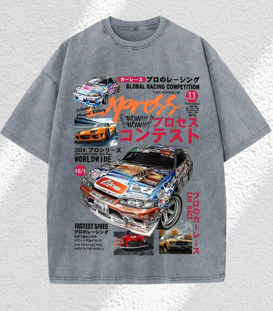 Men's Summer Street Style T-Shirt Racing Car Print Thick Cotton Vintage Washed Loose Fit Short Sleeve Tee