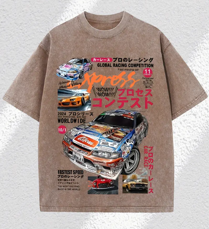 Men's Summer Street Style T-Shirt Racing Car Print Thick Cotton Vintage Washed Loose Fit Short Sleeve Tee
