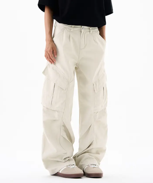 Men’s Cargo Pants – Loose Fit Draped Trousers with Large Pockets, Retro Streetwear Style Beige