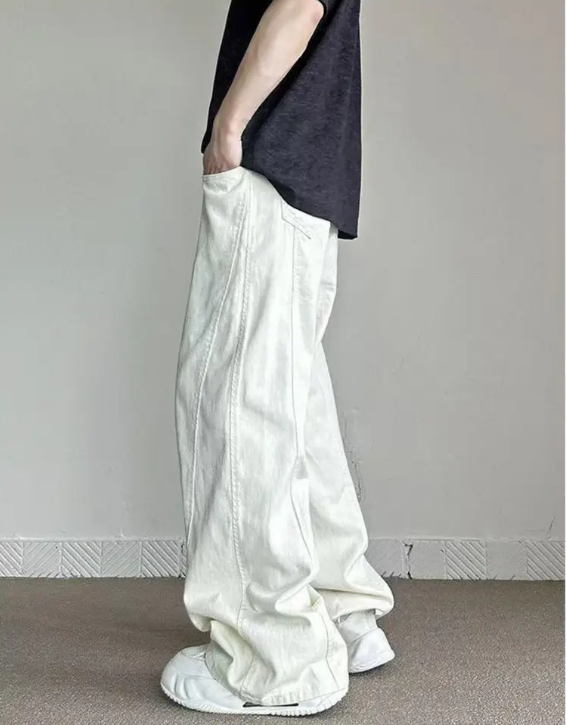 Men’s White Wide-Leg Jeans – Washed Straight-Leg Trousers with Loose Fit for Streetwear Style