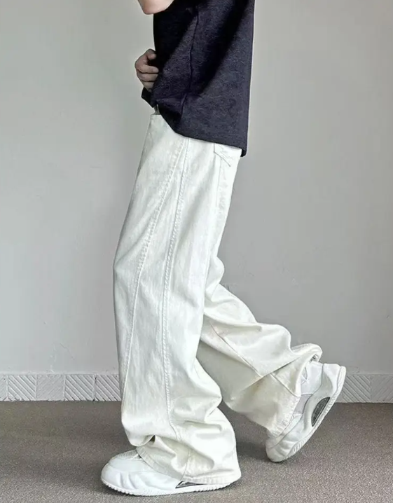 Men’s White Wide-Leg Jeans – Washed Straight-Leg Trousers with Loose Fit for Streetwear Style