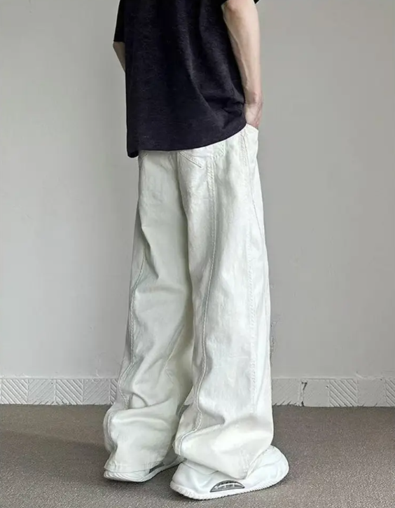 Men’s White Wide-Leg Jeans – Washed Straight-Leg Trousers with Loose Fit for Streetwear Style