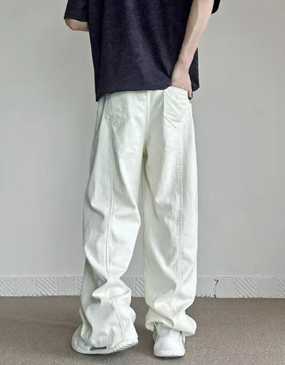 Men’s White Wide-Leg Jeans – Washed Straight-Leg Trousers with Loose Fit for Streetwear Style