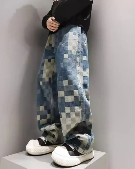 Men’s Gothic Wide-Leg Jeans – Pixelated Black Denim with Geometric Print, Y2K Streetwear Style