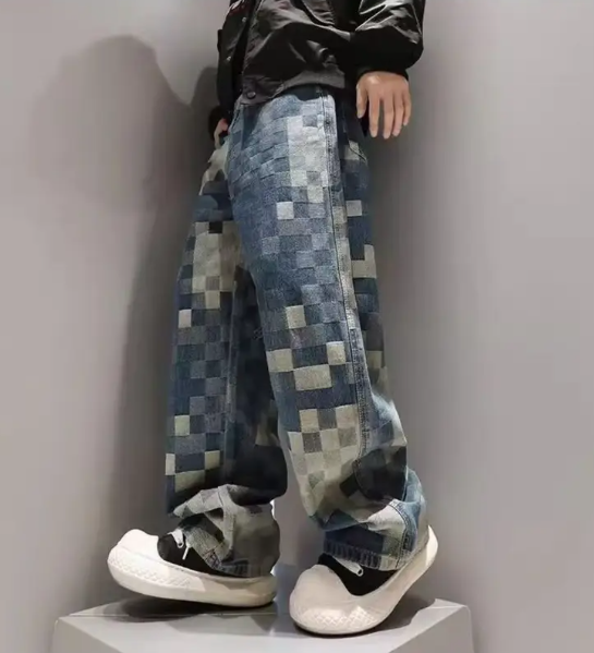 Men’s Gothic Wide-Leg Jeans – Pixelated Black Denim with Geometric Print, Y2K Streetwear Style
