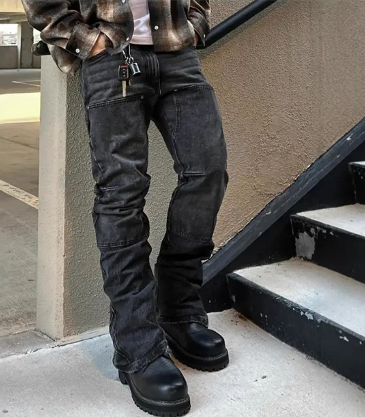 Men’s Stretch Denim Jeans – Heavy Stitching Straight-Leg Pants with Side Zipper & Streetwear Fit