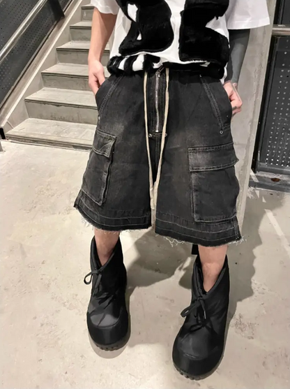 Men’s Distressed Denim Shorts – Loose Fit Workwear with Frayed Hem & Multi-Pocket Industrial Style