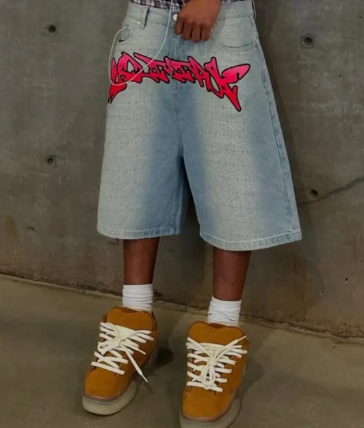 Men’s Letter Print Denim Shorts – Wide-Leg Cropped Pants with High Stretch & Vintage Streetwear Style