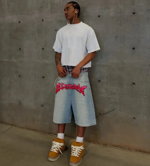 Men’s Letter Print Denim Shorts – Wide-Leg Cropped Pants with High Stretch & Vintage Streetwear Style