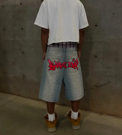 Men’s Letter Print Denim Shorts – Wide-Leg Cropped Pants with High Stretch & Vintage Streetwear Style