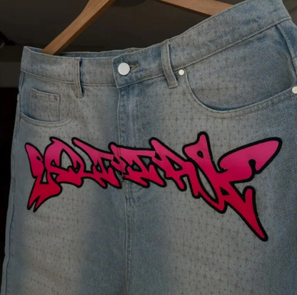 Men’s Letter Print Denim Shorts – Wide-Leg Cropped Pants with High Stretch & Vintage Streetwear Style