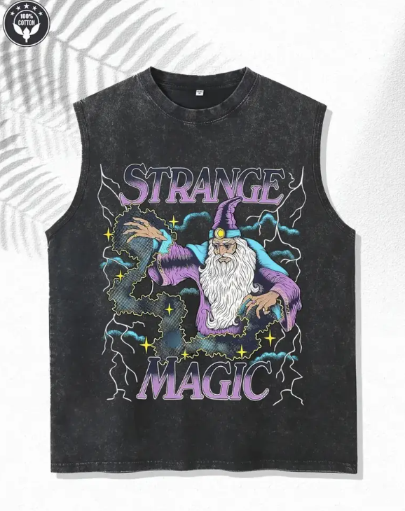 Men’s Sleeveless Graphic T-Shirt – 100% Cotton Loose Fit with Witch & Stars Print for Gym & Casual Wear