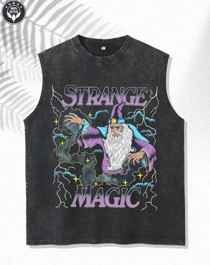 Men’s Sleeveless Graphic T-Shirt – 100% Cotton Loose Fit with Witch & Stars Print for Gym & Casual Wear