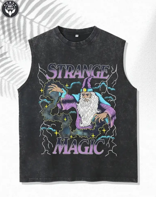 Men’s Sleeveless Graphic T-Shirt – 100% Cotton Loose Fit with Witch & Stars Print for Gym & Casual Wear