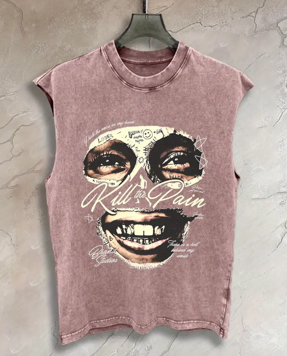 Men’s Washed Cotton Tank Top – “Between My Ears” Print, 230G Heavyweight Sleeveless Gym & Streetwear Vest