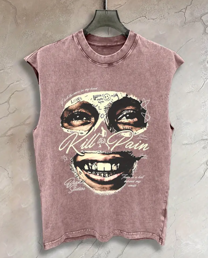 Men’s Washed Cotton Tank Top – “Between My Ears” Print, 230G Heavyweight Sleeveless Gym & Streetwear Vest