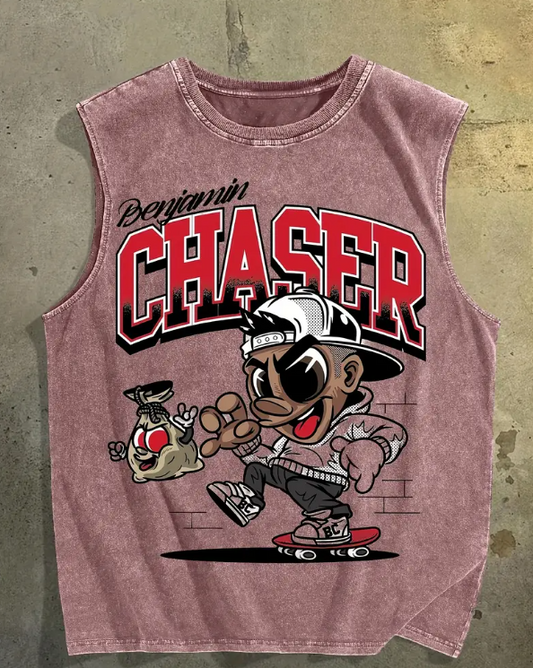 Men’s 230G Cotton Sleeveless Tank Top – Retro Loose Fit with Cartoon Skateboard Graphic Print