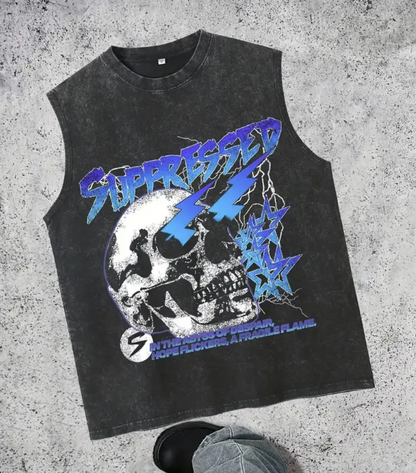 Men’s 210G Cotton Sleeveless Sports Vest – Skeleton & Lightning Print, Loose Fit Gothic Gym Tank Top