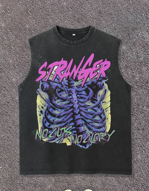 Men’s 230G Washed Cotton Sleeveless Vest – Vintage Holiday Print, Loose Fit Summer Tank Top