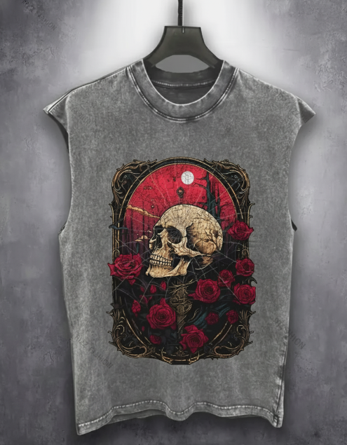 Men’s Vintage Gothic Sleeveless Vest – Skull, Red Roses & Spider Web Print, Washed Cotton Punk Tank