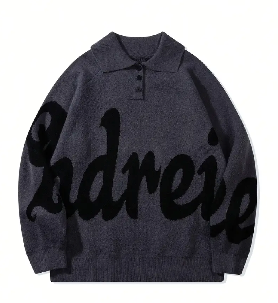 Men's Button Lapel Sweater – Alphabet Print, Long Sleeve Pullover, Casual Knitwear for Fall/Winter