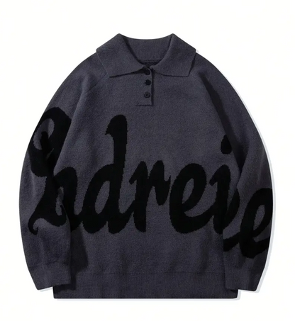 Men's Button Lapel Sweater – Alphabet Print, Long Sleeve Pullover, Casual Knitwear for Fall/Winter