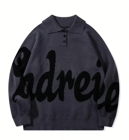 Men's Button Lapel Sweater – Alphabet Print, Long Sleeve Pullover, Casual Knitwear for Fall/Winter