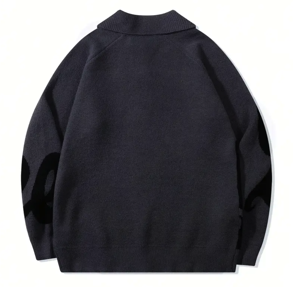 Men's Button Lapel Sweater – Alphabet Print, Long Sleeve Pullover, Casual Knitwear for Fall/Winter
