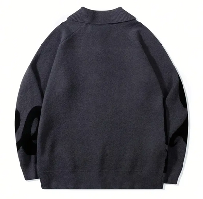 Men's Button Lapel Sweater – Alphabet Print, Long Sleeve Pullover, Casual Knitwear for Fall/Winter