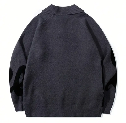 Men's Button Lapel Sweater – Alphabet Print, Long Sleeve Pullover, Casual Knitwear for Fall/Winter