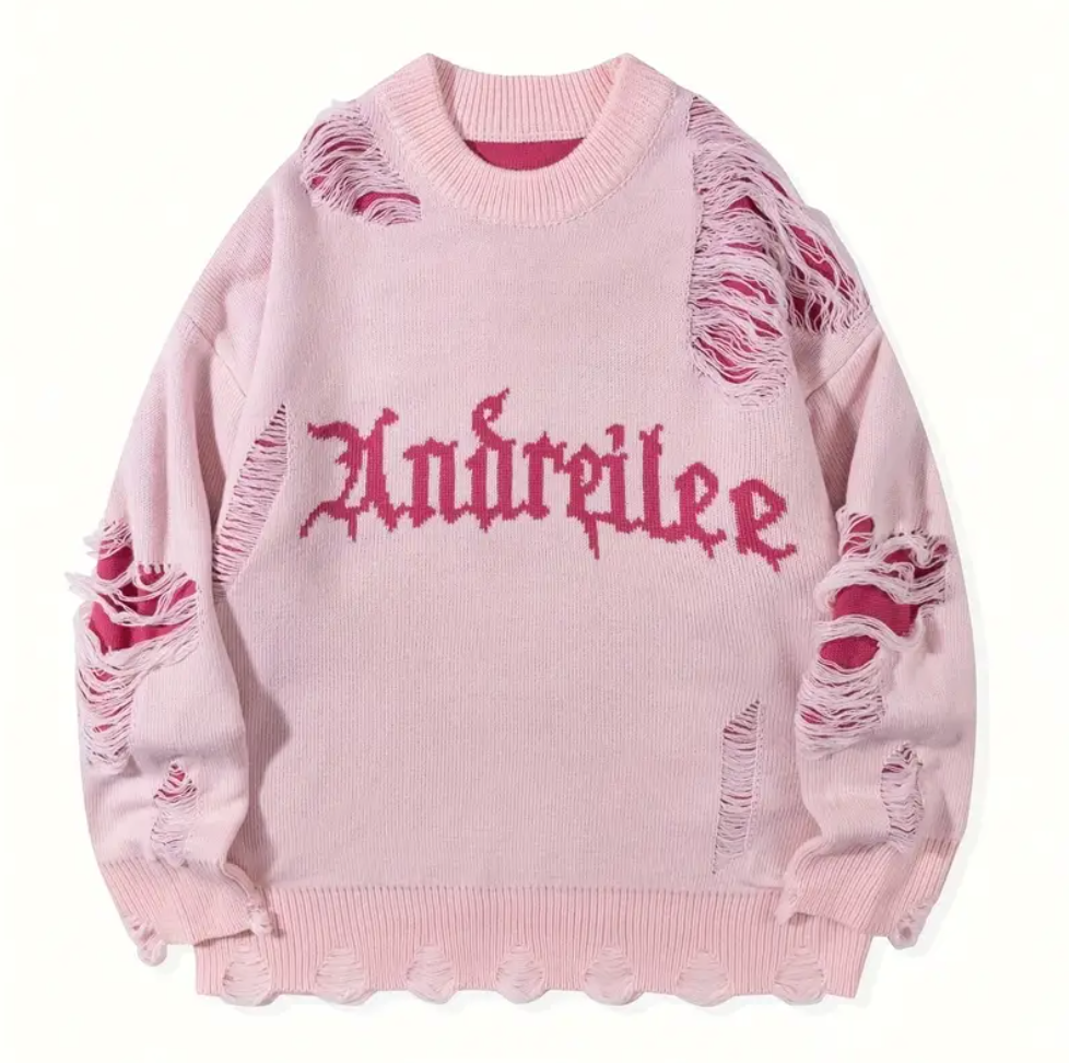 Oversized Gothic Fringe Sweater – Unisex Pink Pullover, Rose & Letter Print, Casual Fall/Winter Knitwear