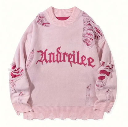 Oversized Gothic Fringe Sweater – Unisex Pink Pullover, Rose & Letter Print, Casual Fall/Winter Knitwear