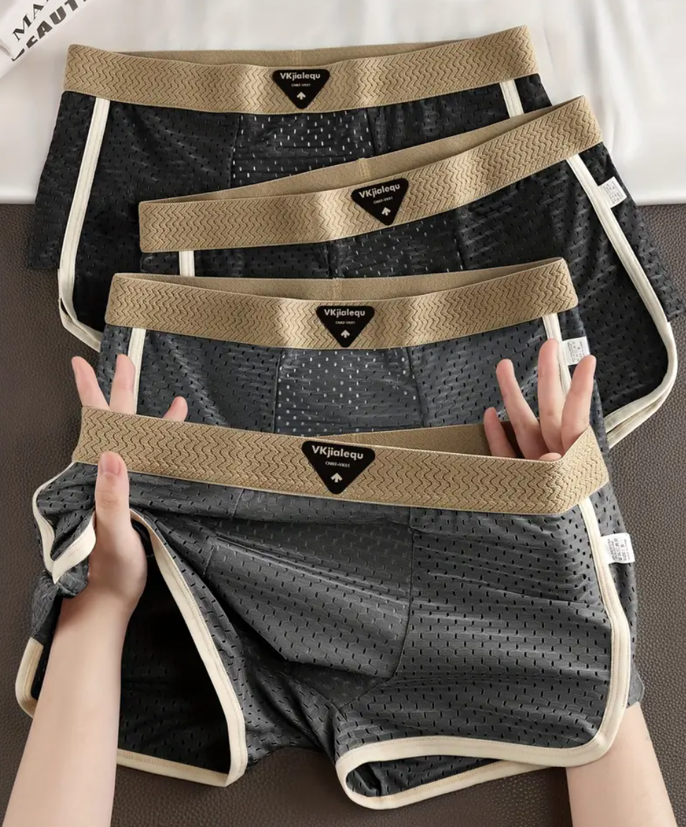 4pcs Men's Mesh Boxer Briefs – Ice Silky Fiber Underwear, Breathable, Soft, Loose Fit Comfort