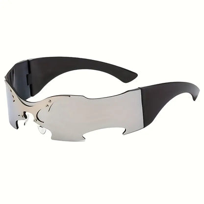 Y2K Cyberpunk Futuristic Fashion Glasses – Frameless Bat Wing Design with Black & Gold Accents, Decorative AC Lenses for Men & Women