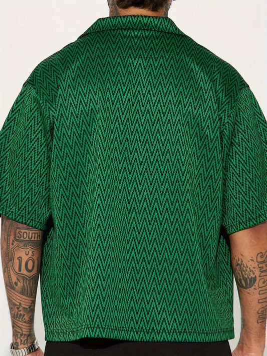 Men's Black Chevron Pattern Short Sleeve Shirt Casual Loose Fit Button-Up Summer Polyester Blend