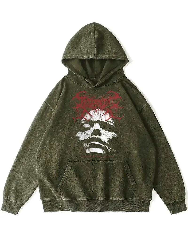 Men's Retro Washed Hoodie "ALONE" Graphic Funny Print Cotton Blend Pullover for Autumn Winter