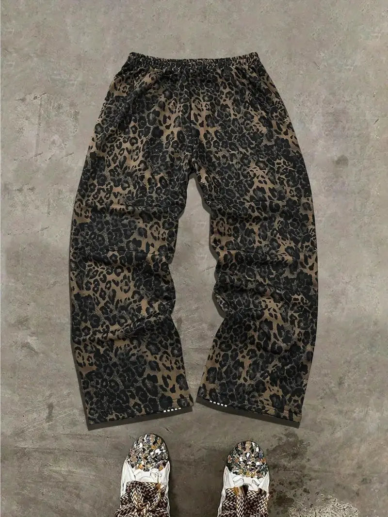 Men’s Leopard Print Sweatpants – Y2K Jungle Graphic Joggers with Drawstring Waist for Streetwear