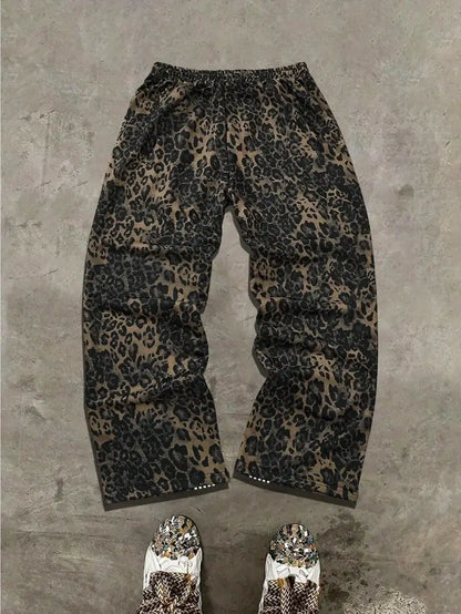 Men’s Leopard Print Sweatpants – Y2K Jungle Graphic Joggers with Drawstring Waist for Streetwear
