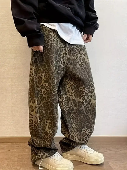 Men’s Leopard Print Jeans – American Retro Wide-Leg Denim Pants with Straight Fit for Streetwear
