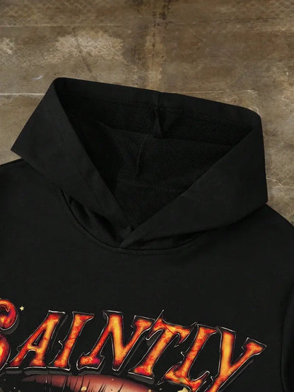 Men's Two-Piece Streetwear Set Hoodie and Sweatpants Printed Eyes Flame Slogan Graphic Fall Winter Tracksuit