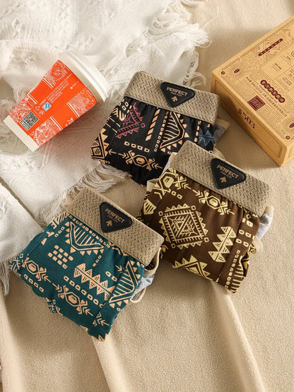 3pcs Men's Tribal Boxer Briefs – Breathable Stretch Underwear, Vibrant Print, Casual Comfort Fit