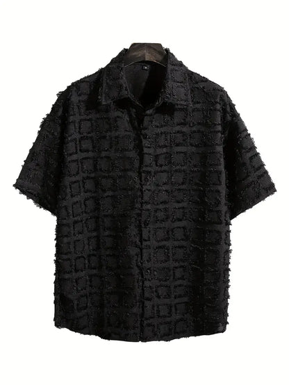 Men's Black Tassel Check Shirt Short Sleeve Button-Up Non-Stretch Fabric Casual Summer Streetwear