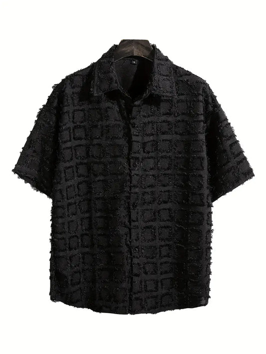 Men's Black Tassel Check Shirt Short Sleeve Button-Up Non-Stretch Fabric Casual Summer Streetwear