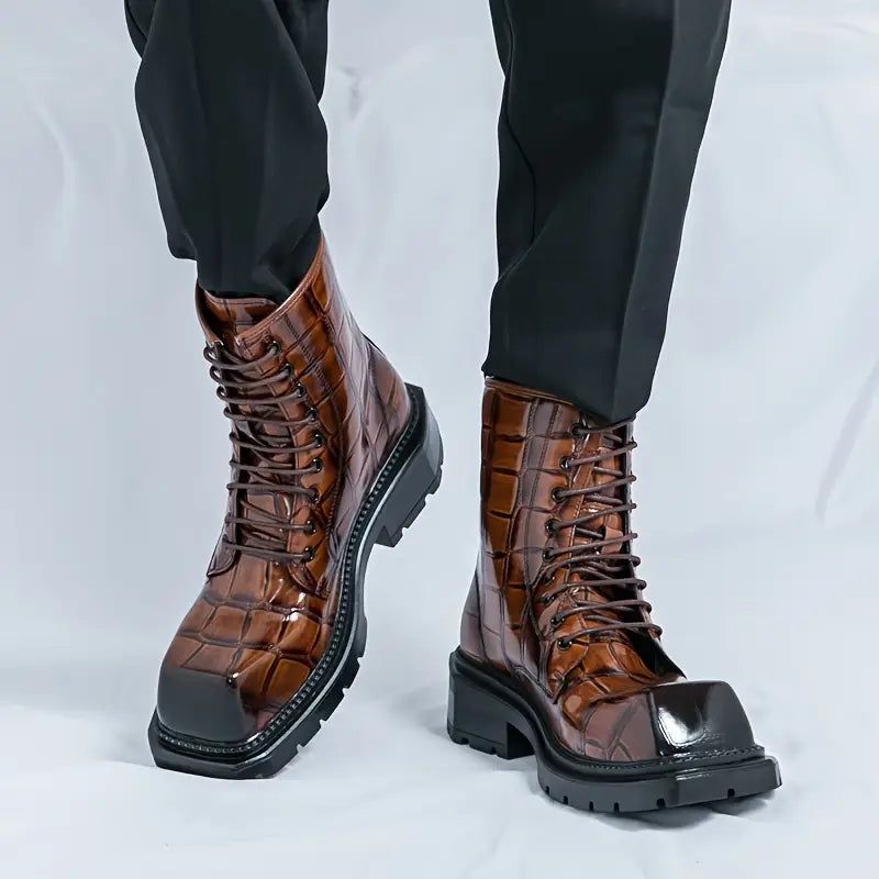 Men's Gothic Work Boots – Chunky Platform, Square Toe, Slip-Resistant Sole, PU Upper, Retro Style Brown